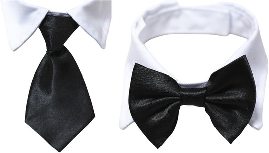 Dog Necktie Tuxedo Collar in Cotton with Black Tie for Small, Medium, and Large Dogs (Size S)