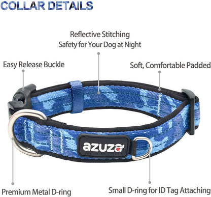Reflective Blue Camo Dog Collar and Leash Set with AirTag Holder, Padded Design for Small Dogs
