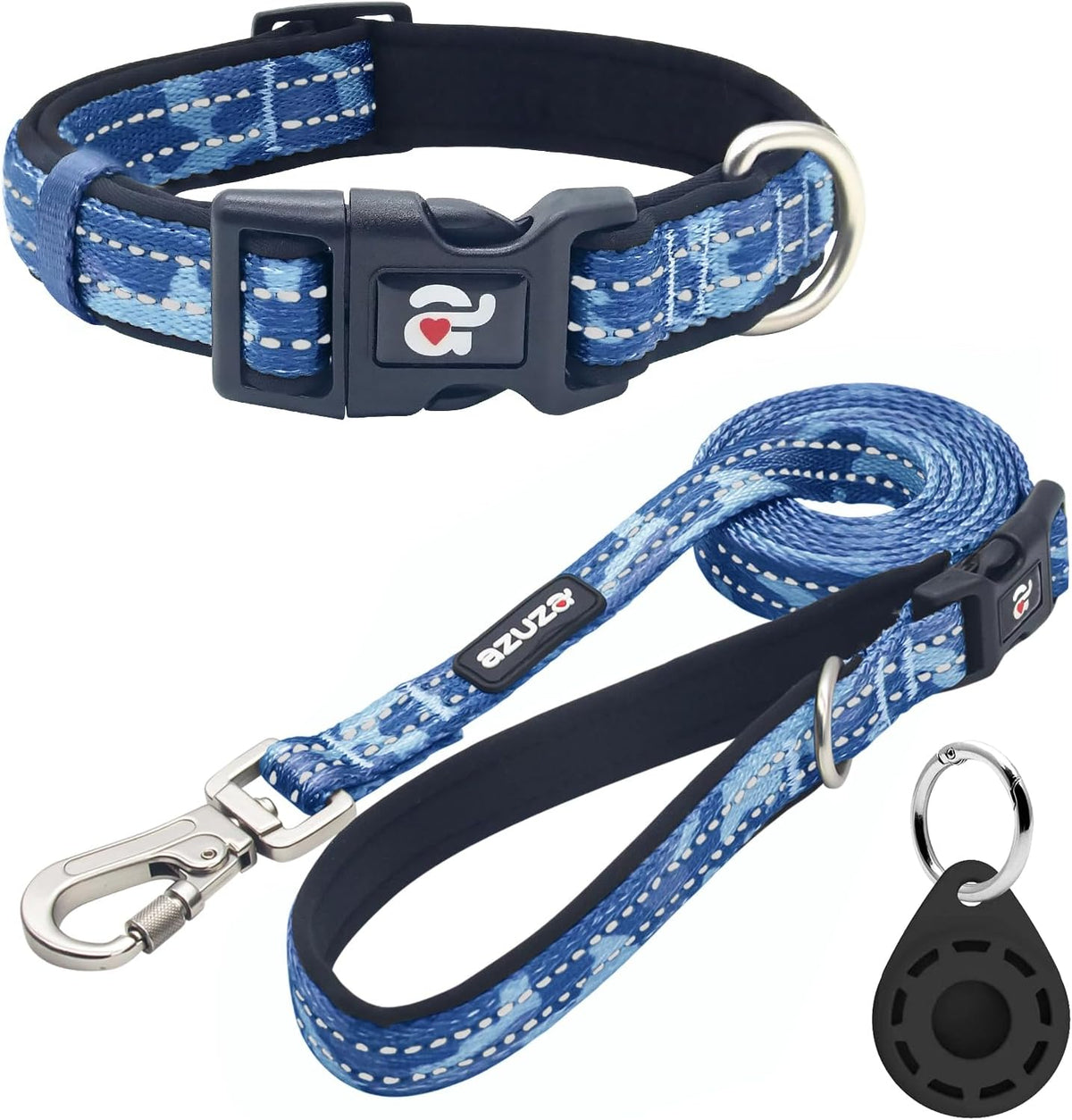 Reflective Blue Camo Dog Collar and Leash Set with AirTag Holder, Padded Design for Small Dogs