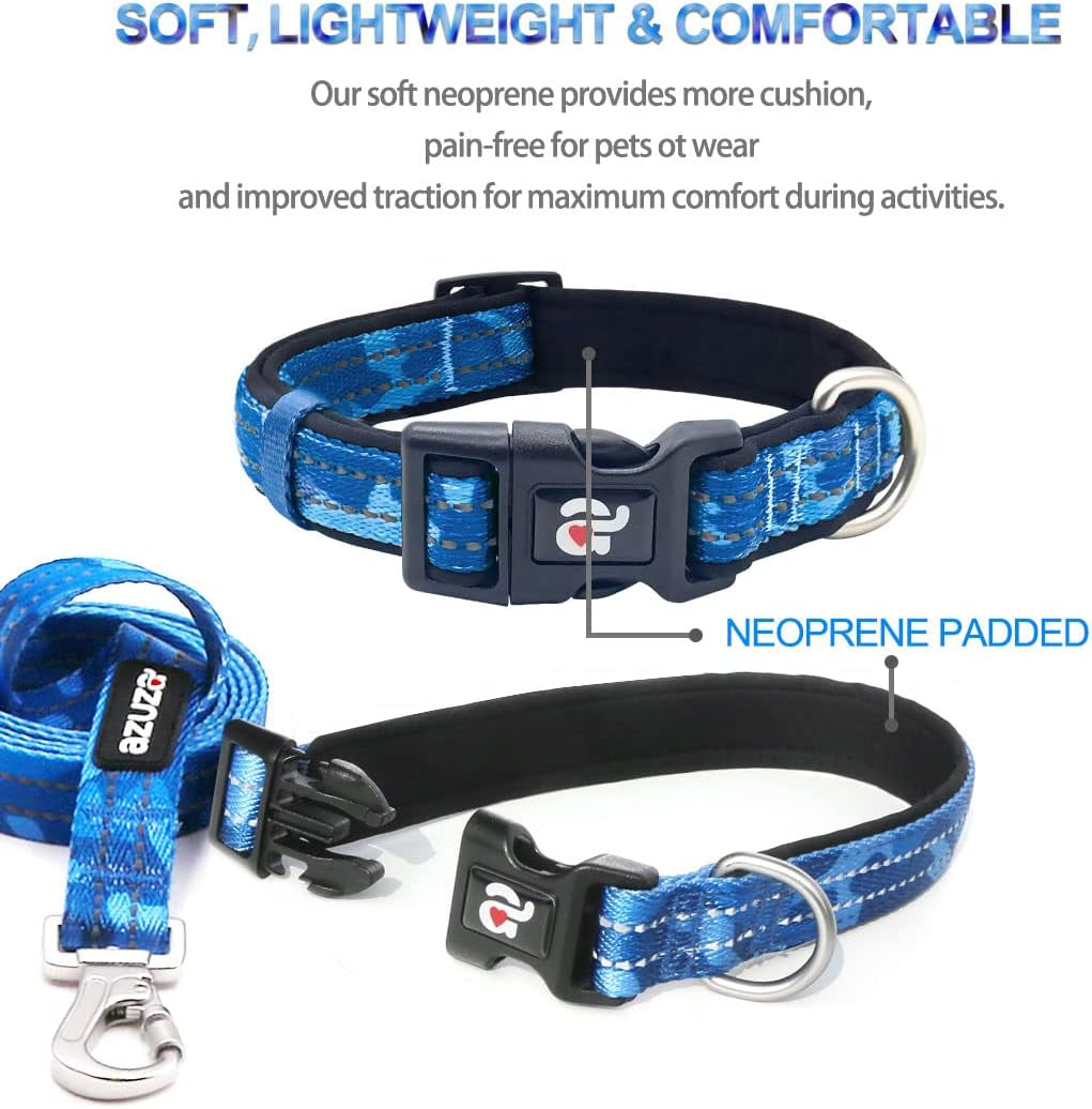 Reflective Blue Camo Dog Collar and Leash Set with AirTag Holder, Padded Design for Small Dogs